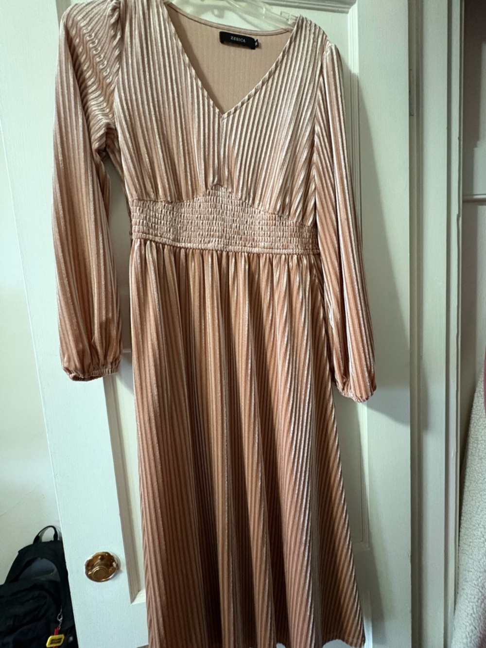 Velvet Pleated V-Neck Long Sleeve Maxi Dress - Champagne